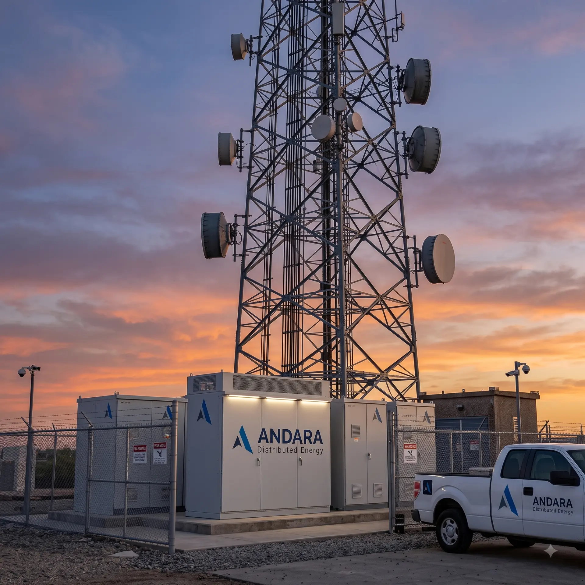 telecom tower with adjacent power and battery cabinets