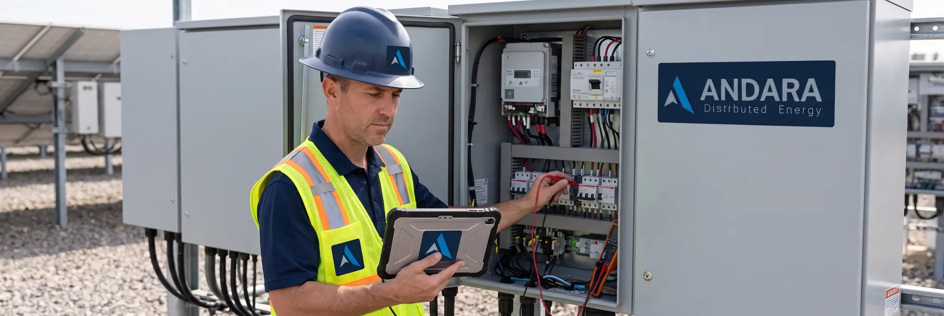 technician inspecting inverter cabinets on site